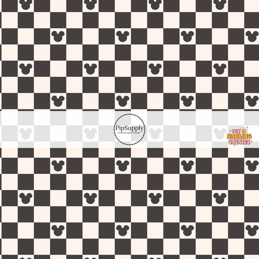Black and Cream checkered fabric by the yard with mouse designs