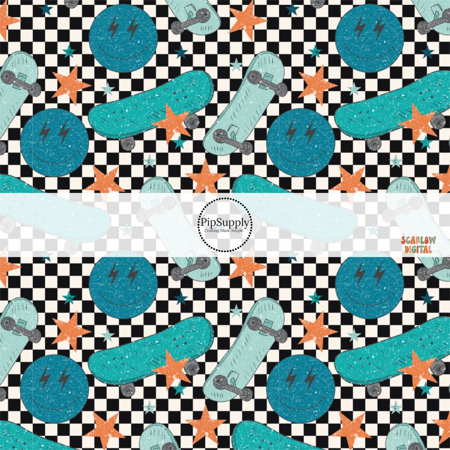 Blue skateboards, smiley faces, and orange stars on black and white checkered fabric by the yard