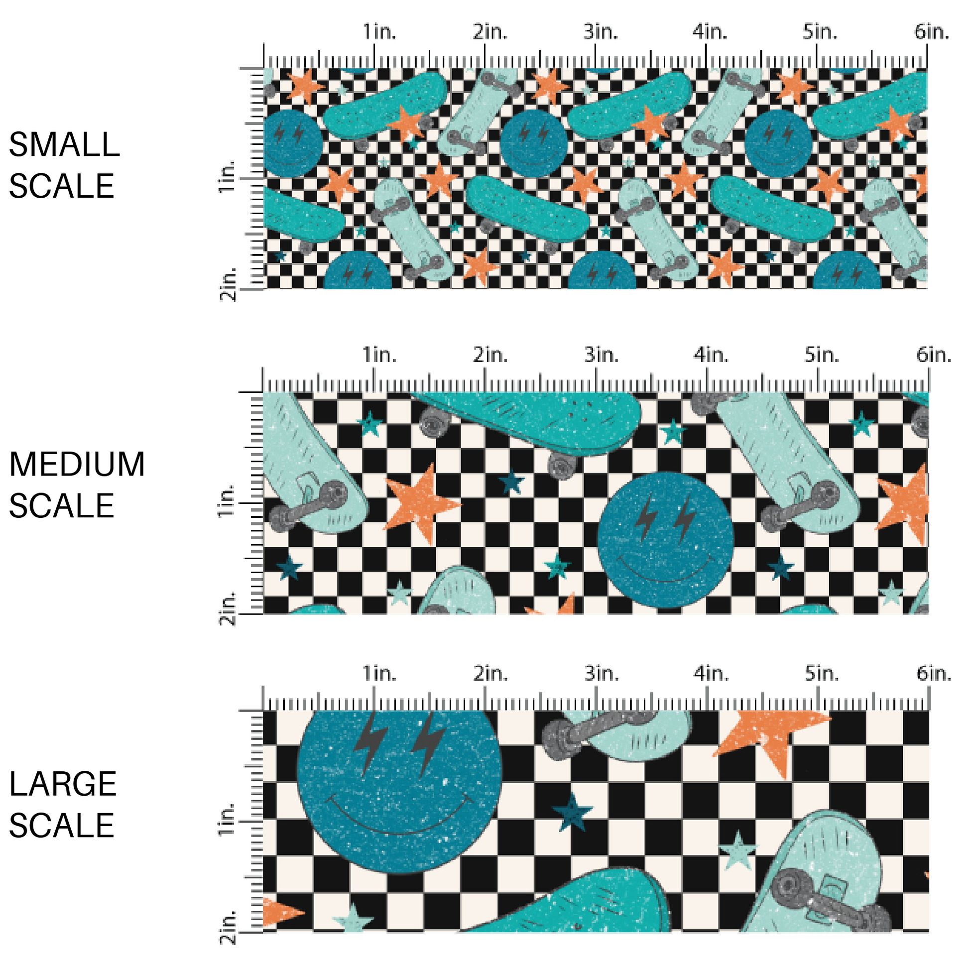 Blue skateboards, smiley faces, and orange stars on black and white checkered fabric by the yard scaled image guide 