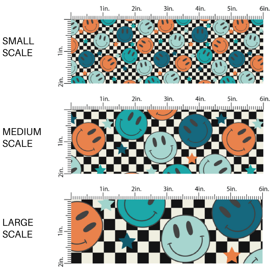 Orange and blue smiley faces and stars on black and white checkered fabric by the yard scaled image guide