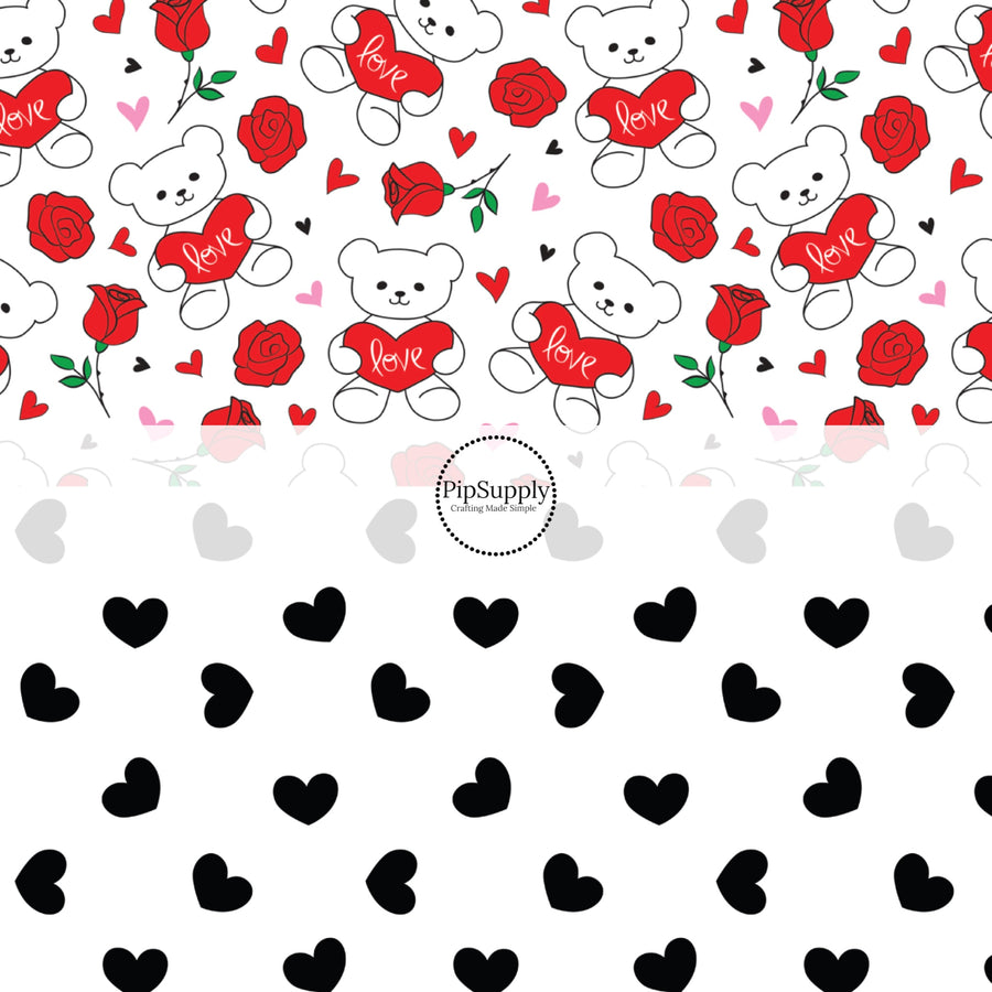 Valentines Day Fabric by the Yard - Teddy Bear with Red Heart and Roses on a White Fabric Base- White with Black Hearts Fabric by the Yard