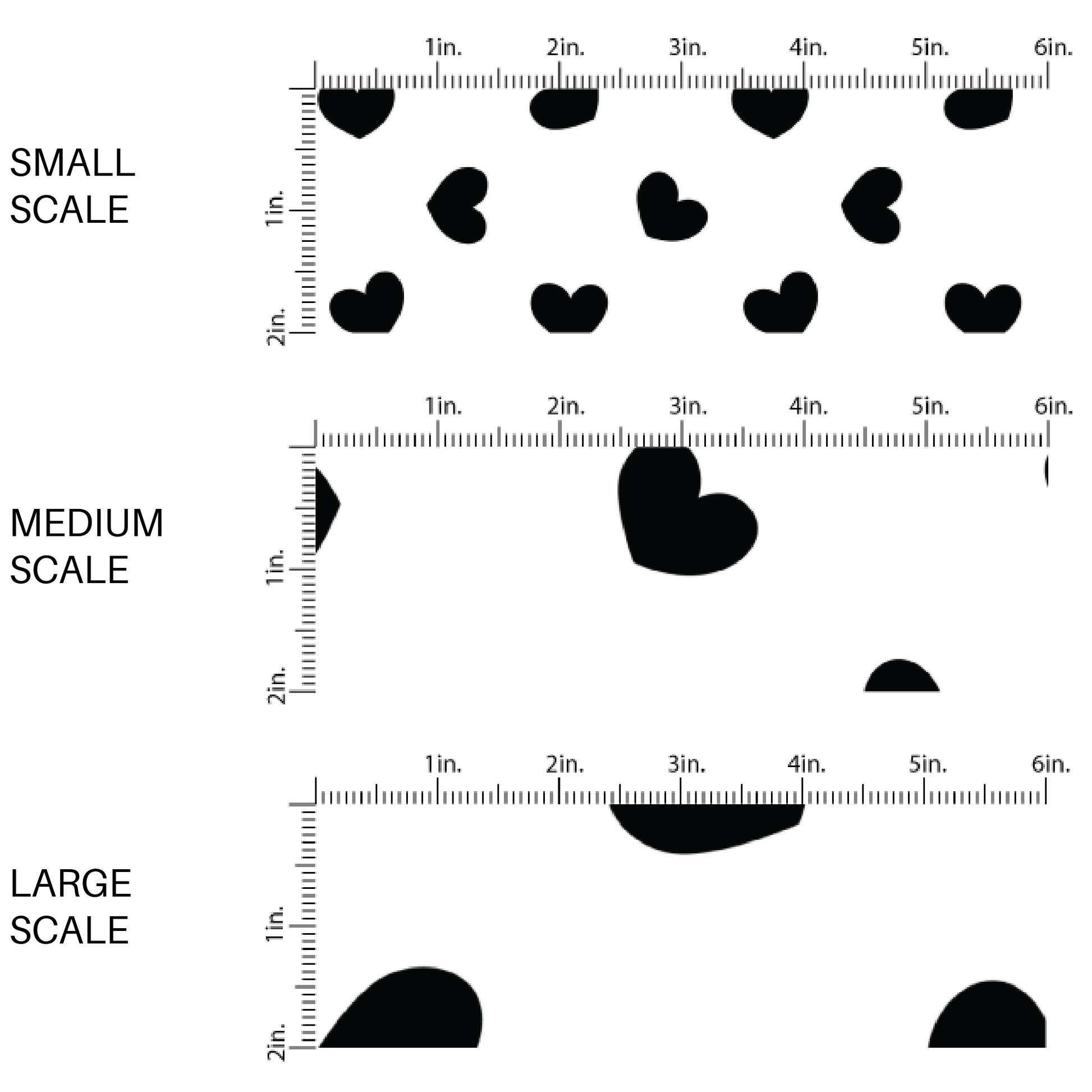 White image with black hearts illustration fabric by the yard scaling sizes 