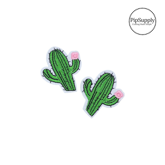 Vibrant Green Cactus with pink blossom embroidered iron on patch