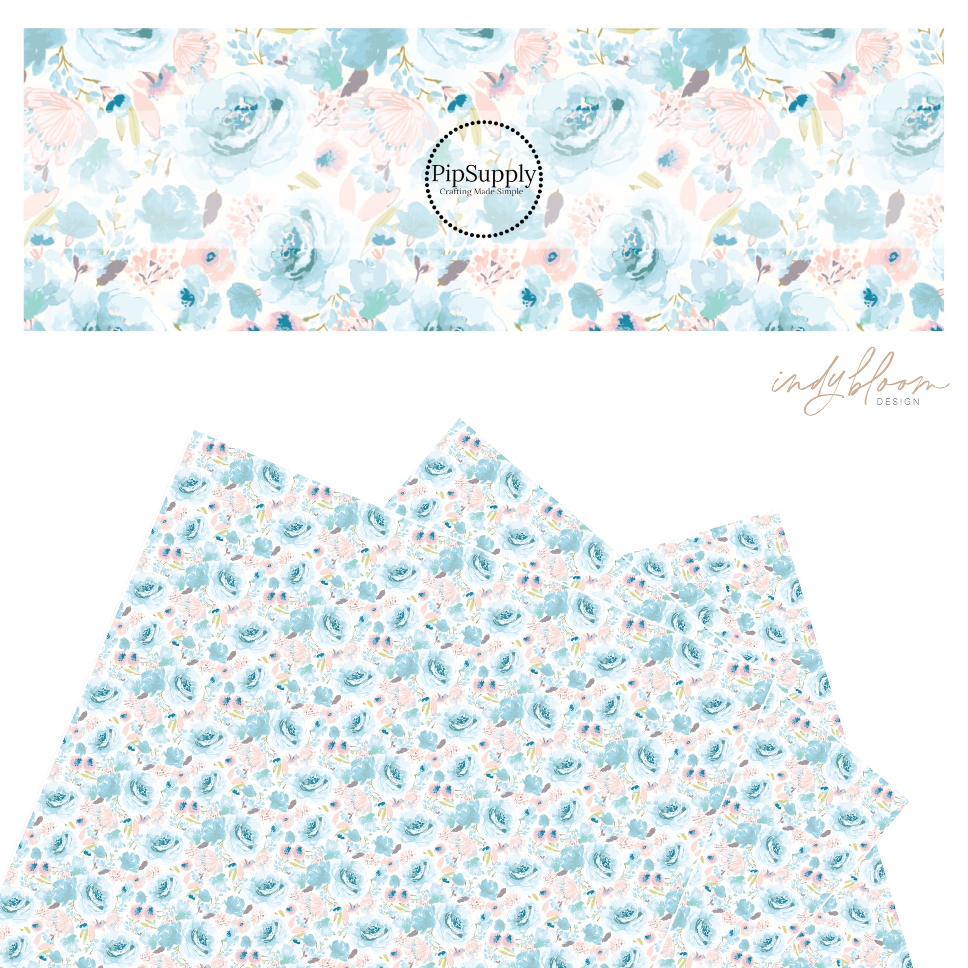 Blue pastel flowers with pink flowers on white faux leather sheets