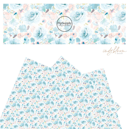 Blue pastel flowers with pink flowers on white faux leather sheets