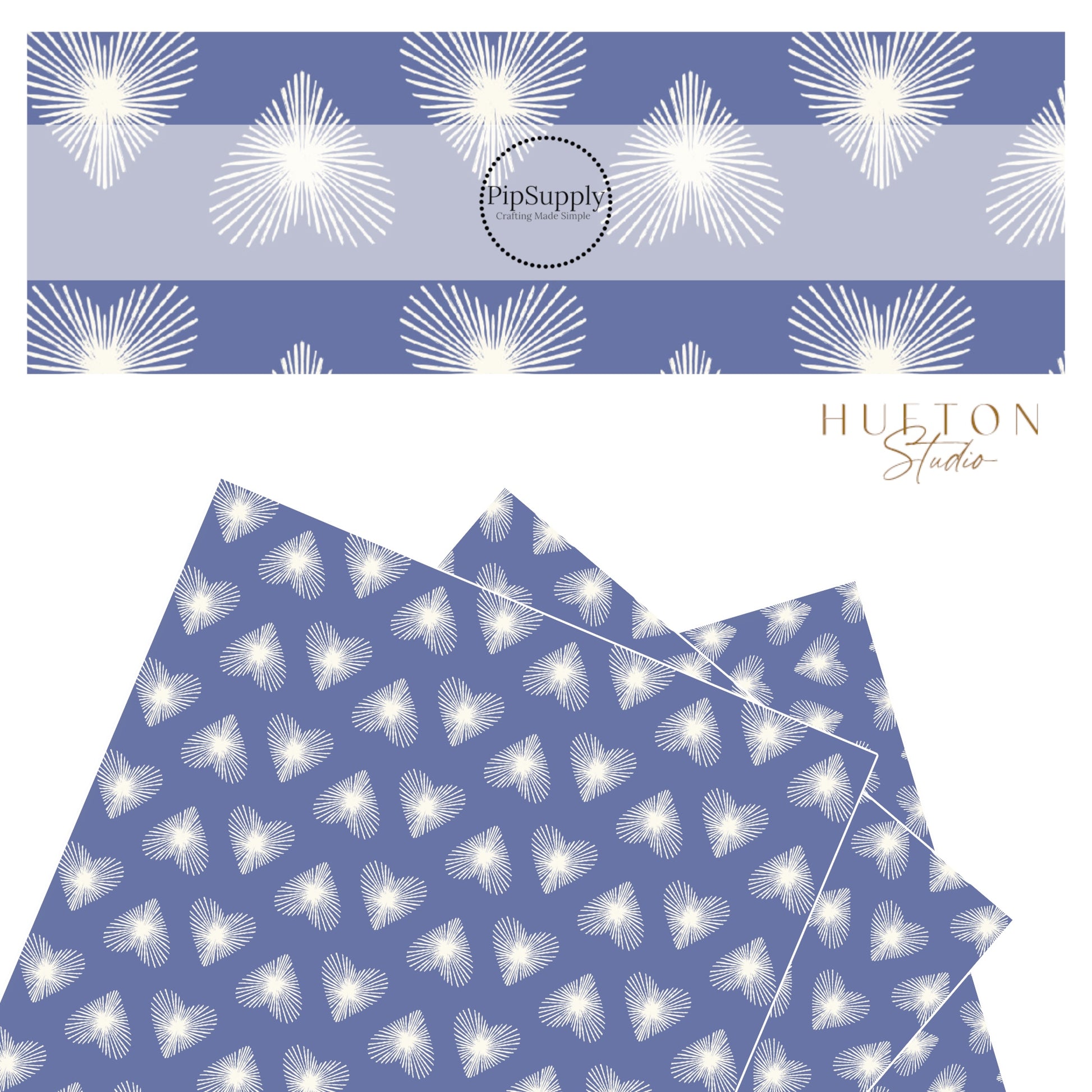 Flared white hearts on blue faux leather sheet