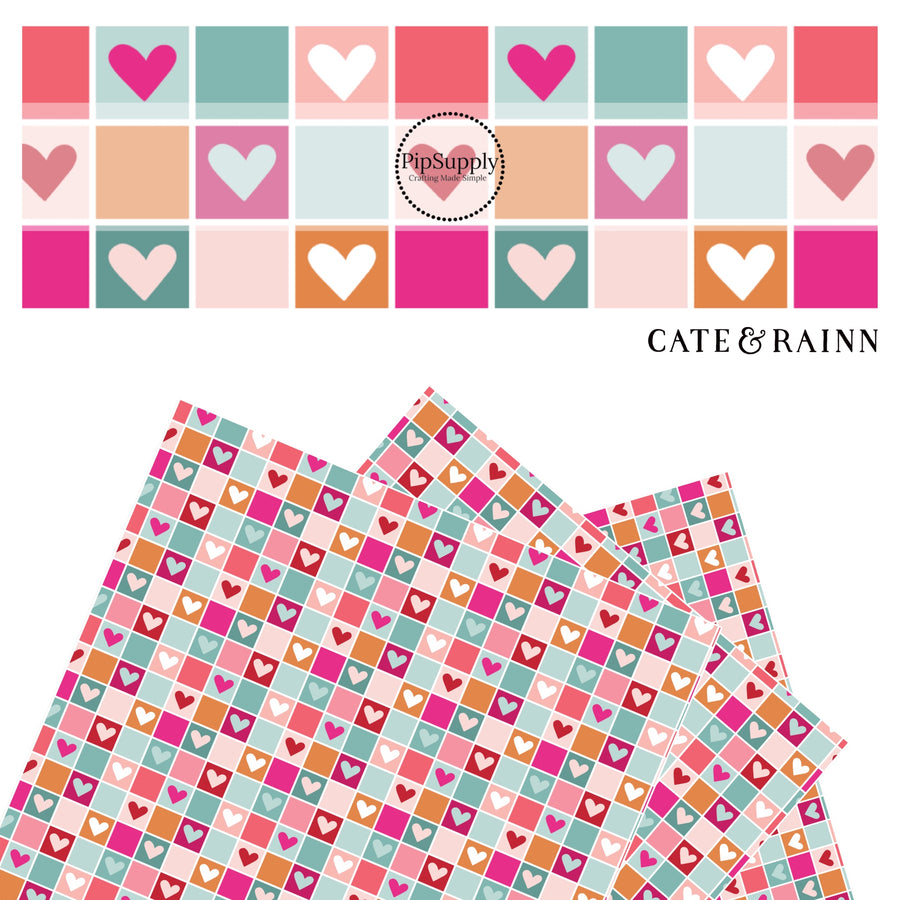 Orange with white heart, light pink with white heart, hot pink with blue heart, blue with pink heart tile faux leather sheet