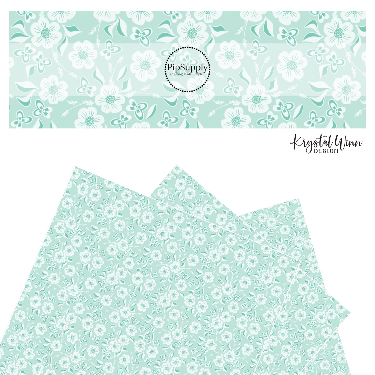 White flowers with white leaves and wheat and white butterflies on aqua faux leather sheets