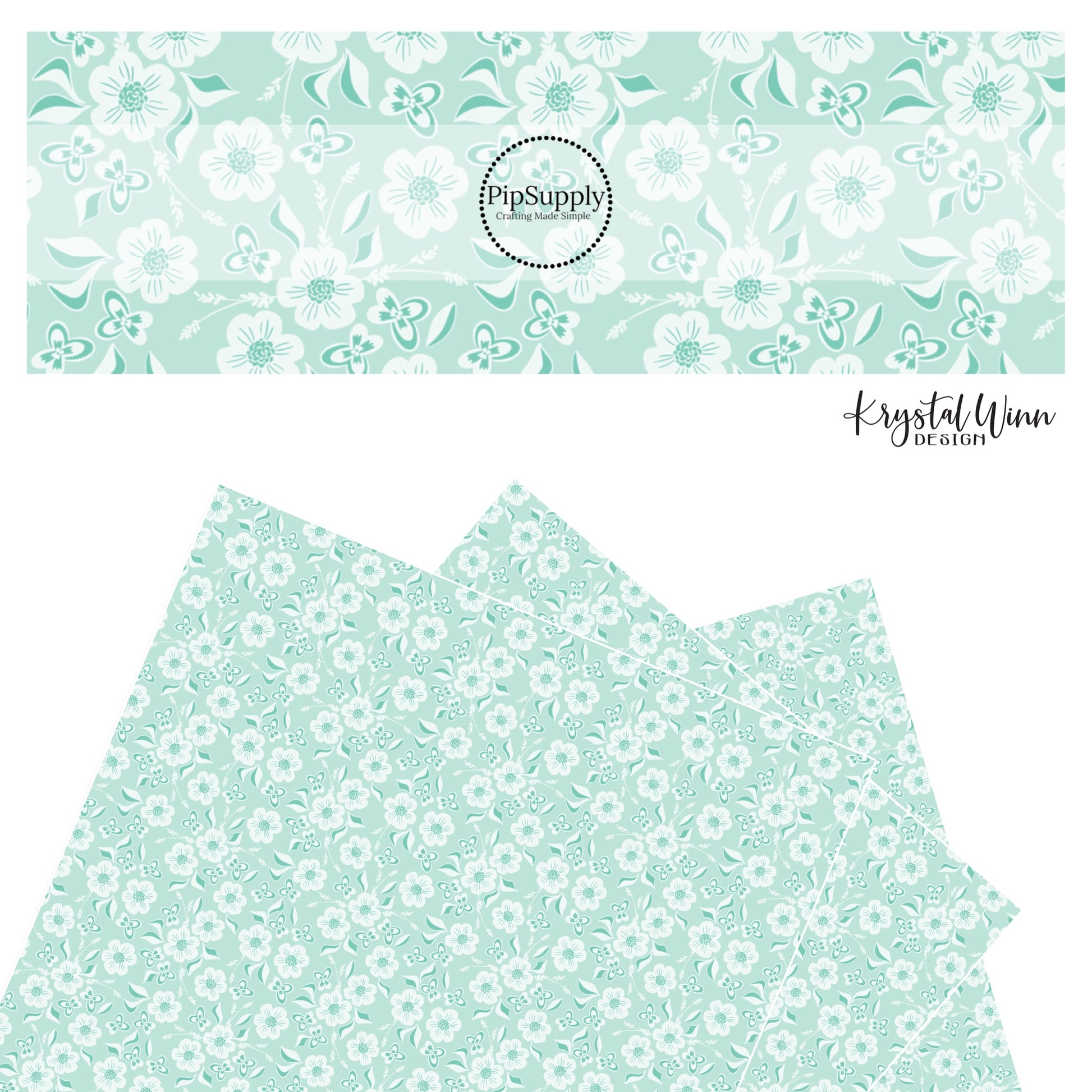 White flowers with white leaves and wheat and white butterflies on aqua faux leather sheets