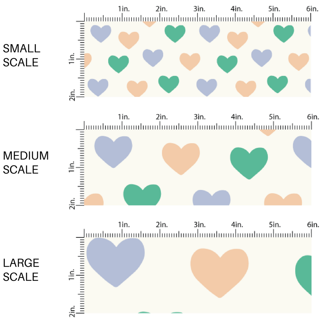 White Fabric by the yard Scaled pattern with yellow, blue, green hearts