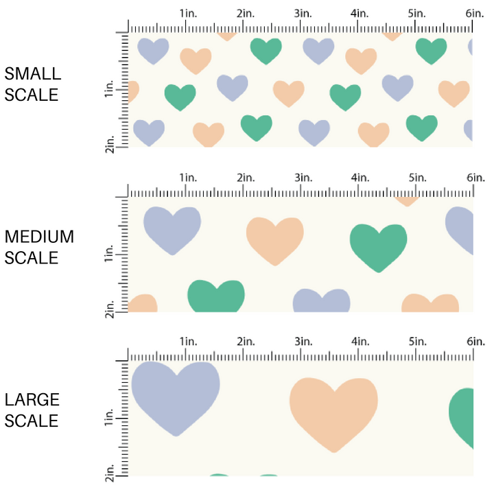 White Fabric by the yard Scaled pattern with yellow, blue, green hearts
