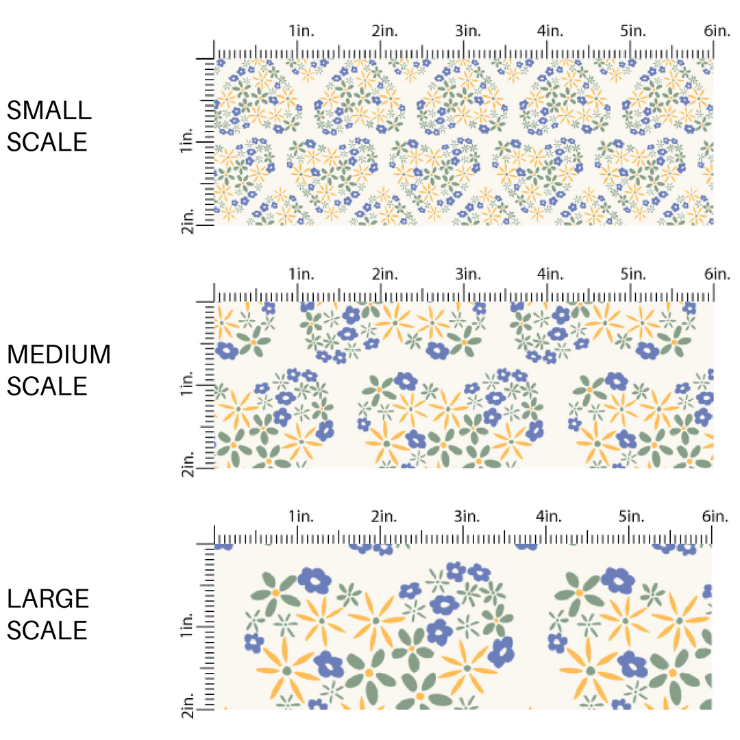 Blue, Green, and yellow flower hearts on a white fabric by the yard pattern