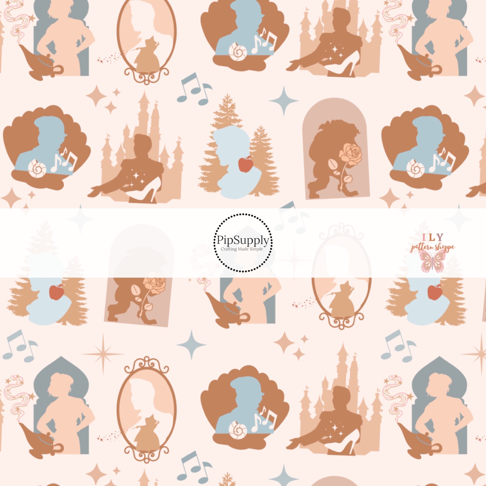 Light blush fabric by the yard with blue and pink prince silhouettes, musical notes, and stars - Custom printed fabric 