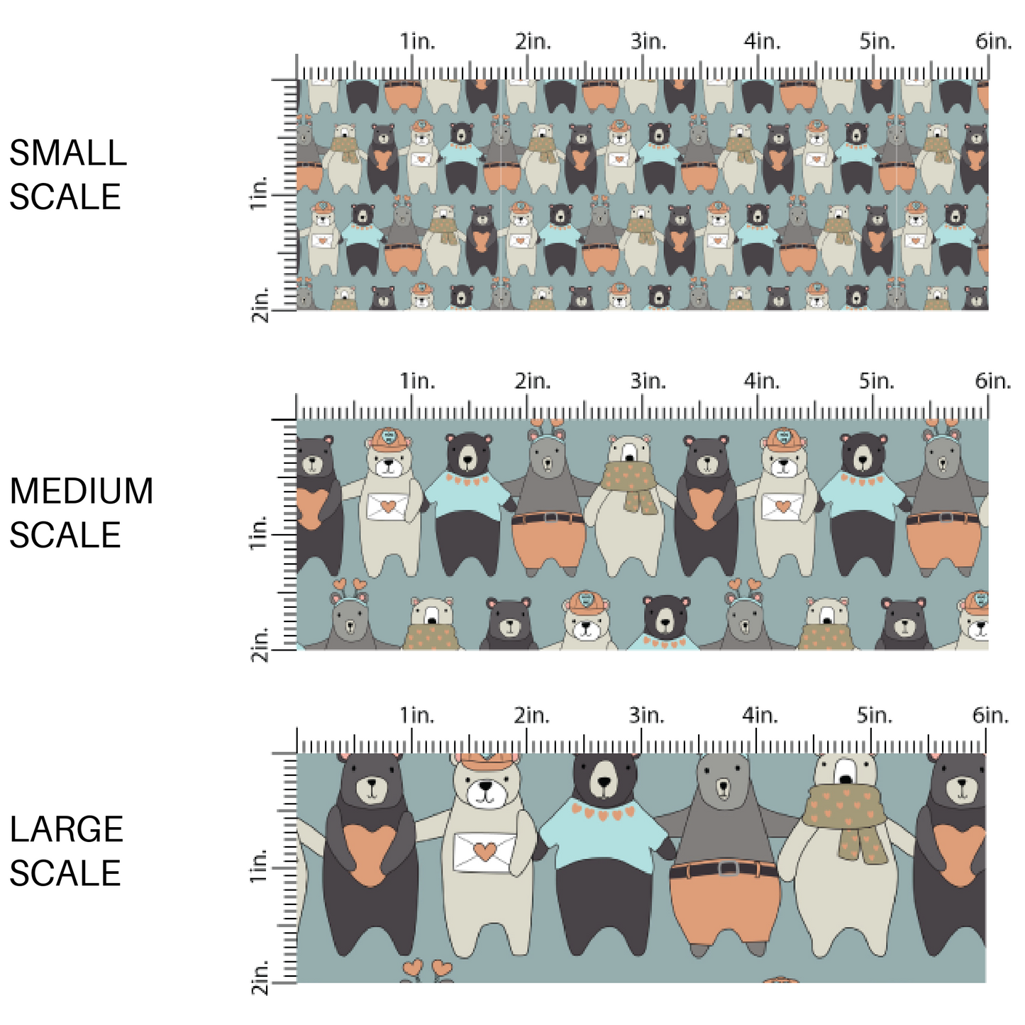 Blue fabric by the yard scaled image guide with black, gray, and beige cartoon bears