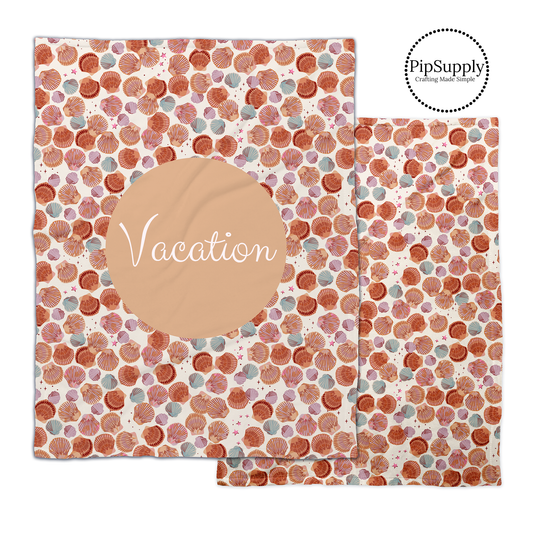 Natural color seashells on cream background patterned fleece blankets with white customizable text on tan center.