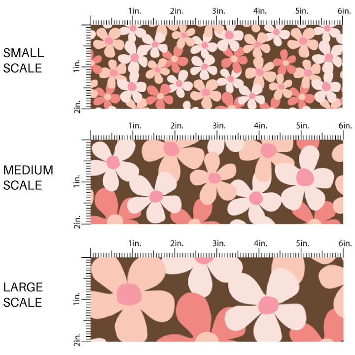 Pink, Peach, and Coral floral print on brown fabric by the yard scaled image guide