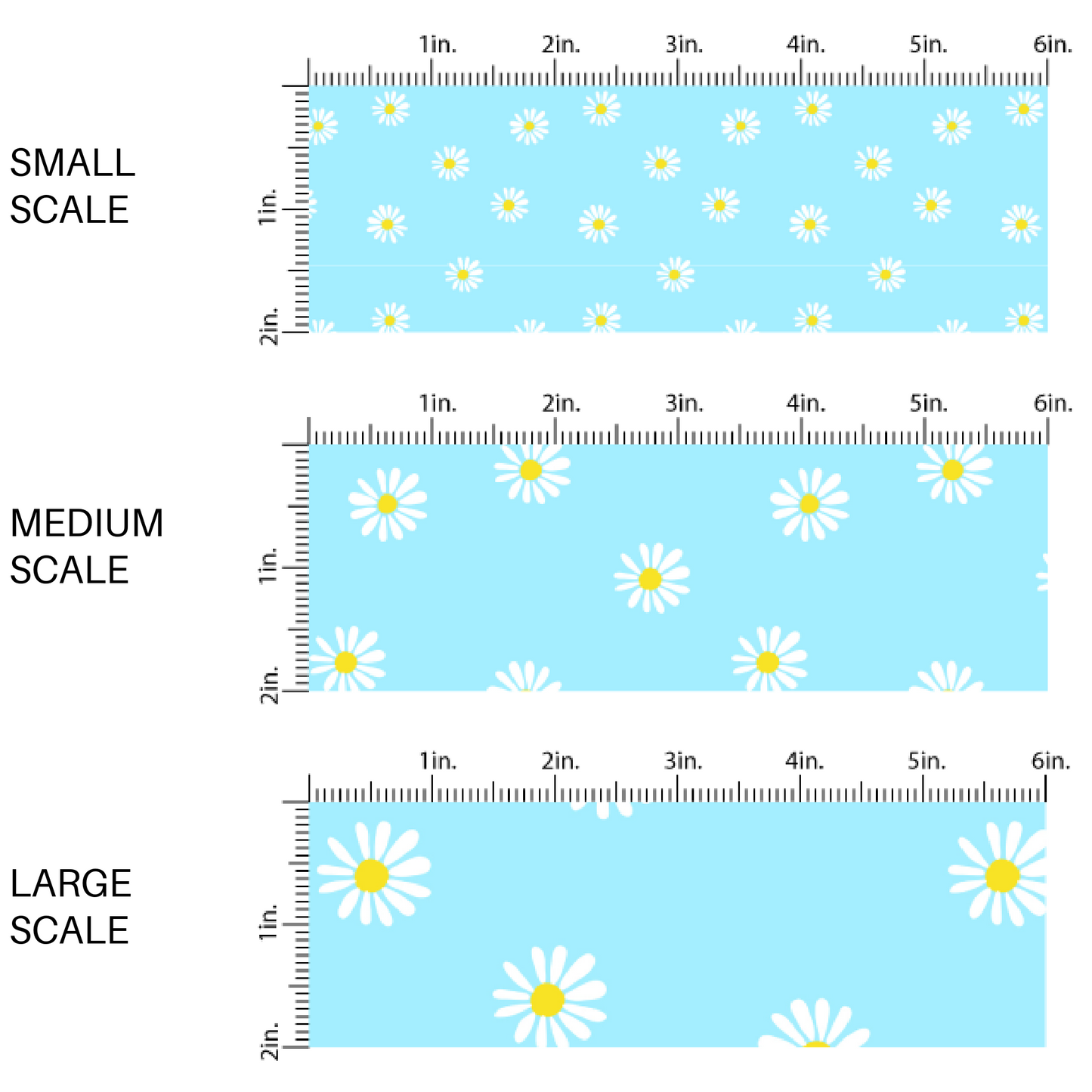 Sky Blue Fabric by the Yard Scaled Image Guide with a White Daisies. Spring Fabric - Floral Easter Fabric.