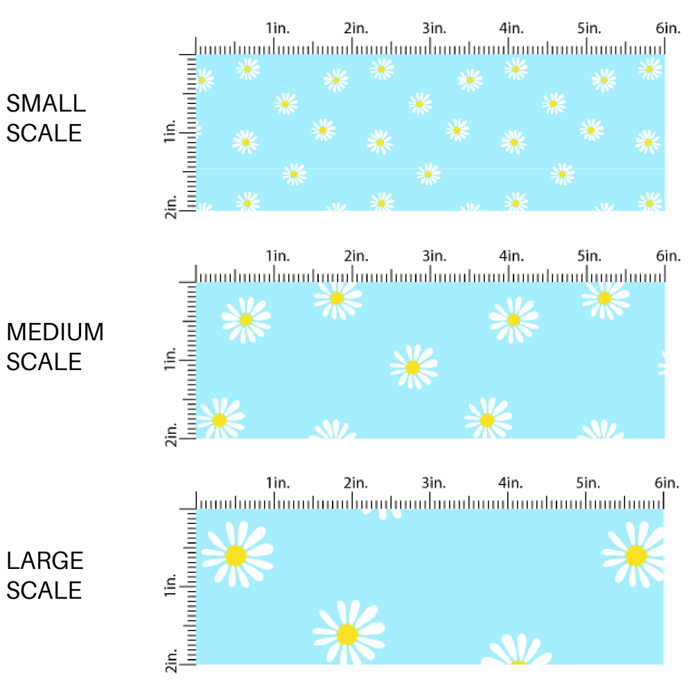 Sky Blue Fabric by the Yard Scaled Image Guide with a White Daisies. Spring Fabric - Floral Easter Fabric.