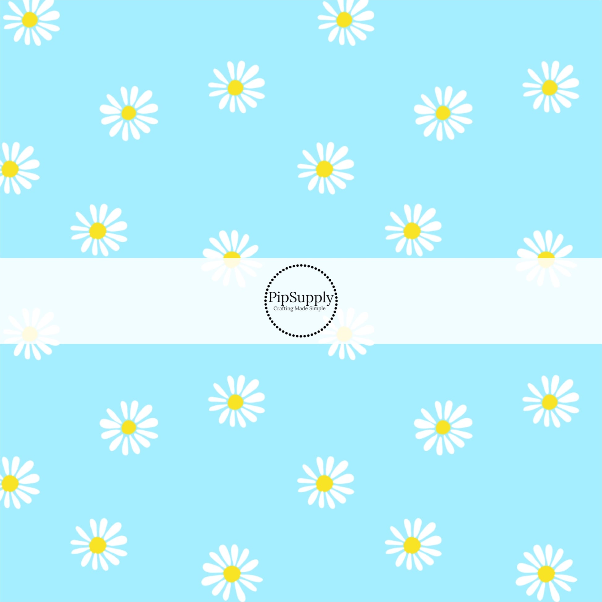 Sky Blue Fabric by the Yard with a White Daisies. Spring Fabric - Floral Easter Fabric.
