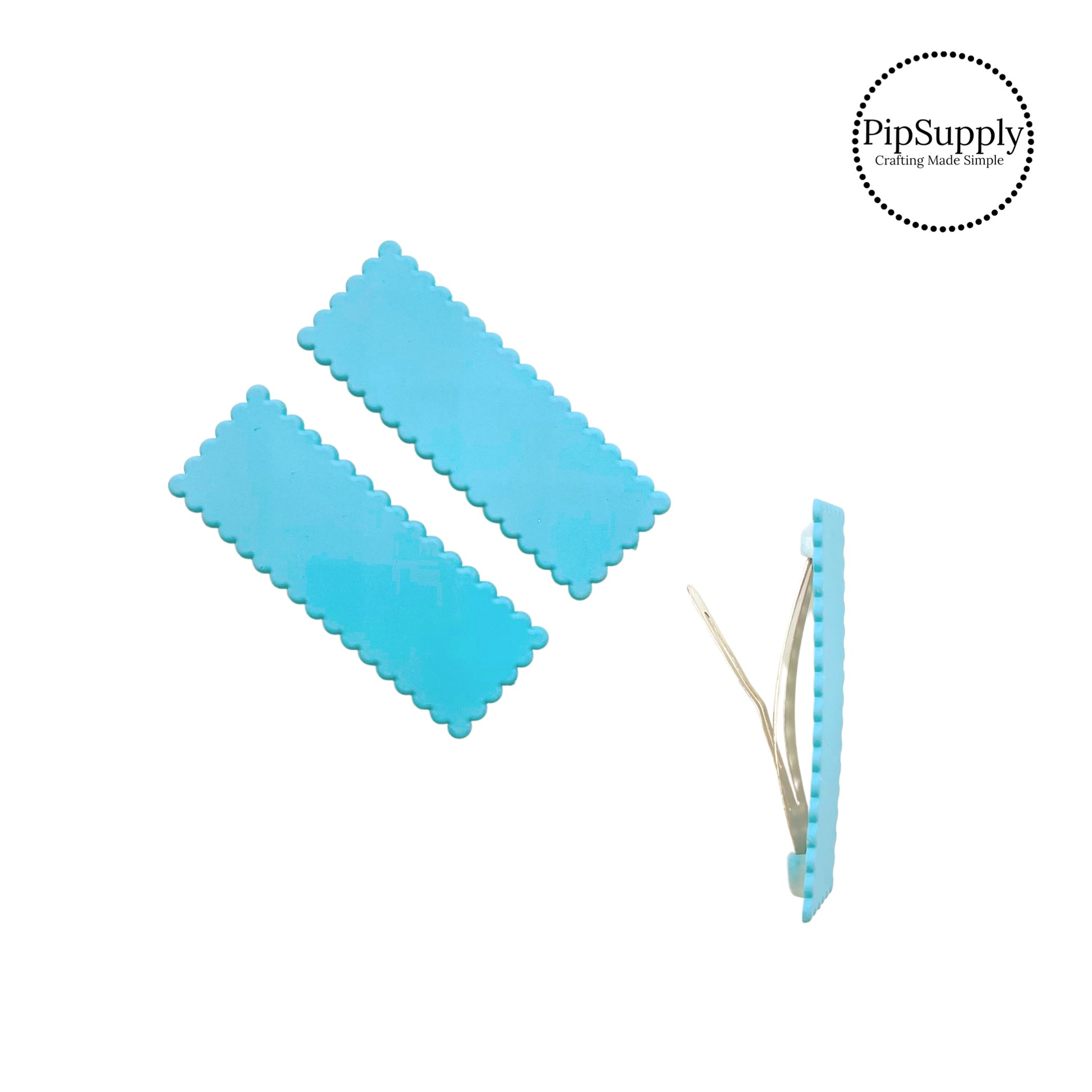 bright blue rectangle scalloped edge plastic hair clip with attached snap clip