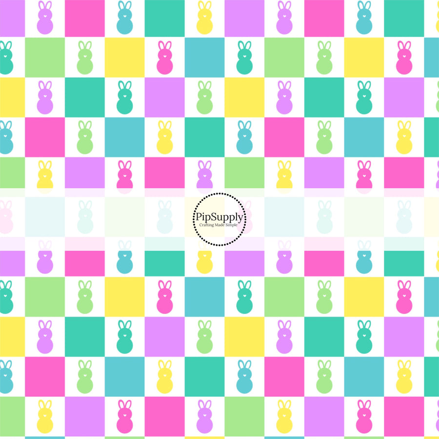 Neon checkered print fabric by the yard with Easter bunny silhouettes  - Easter Fabric 