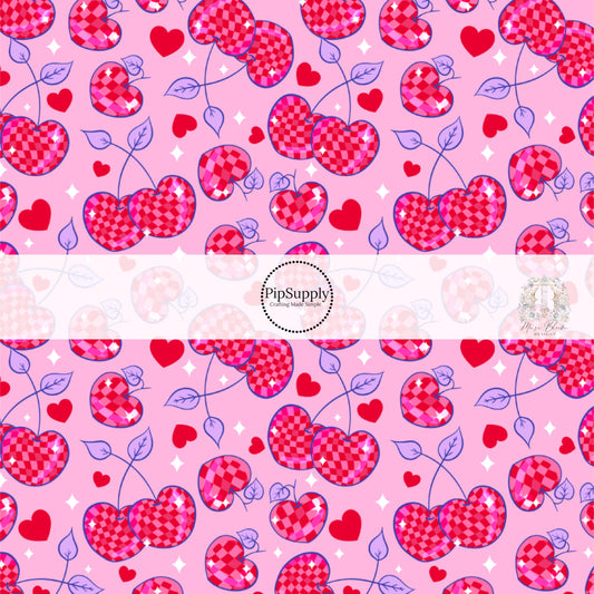 Pink Fabric by the yard with pink and purple heart shaped cherries and red hearts