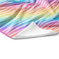 Plush white cotton customizable towel in bright rainbow colored zebra stripe with gold flecks on the front.