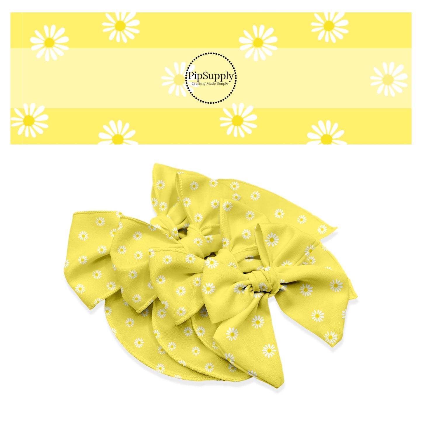 Sunny Yellow No Sew Bow Strips - Bow Making Material - Yellow Bows with White Daises Throughout. Spring Bows - Easter Bows