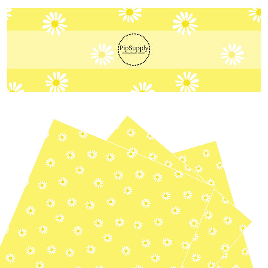 Bright Sunny Yellow Faux Leather with Tiny White Daisies - Custom Printed Faux Leather Pattern