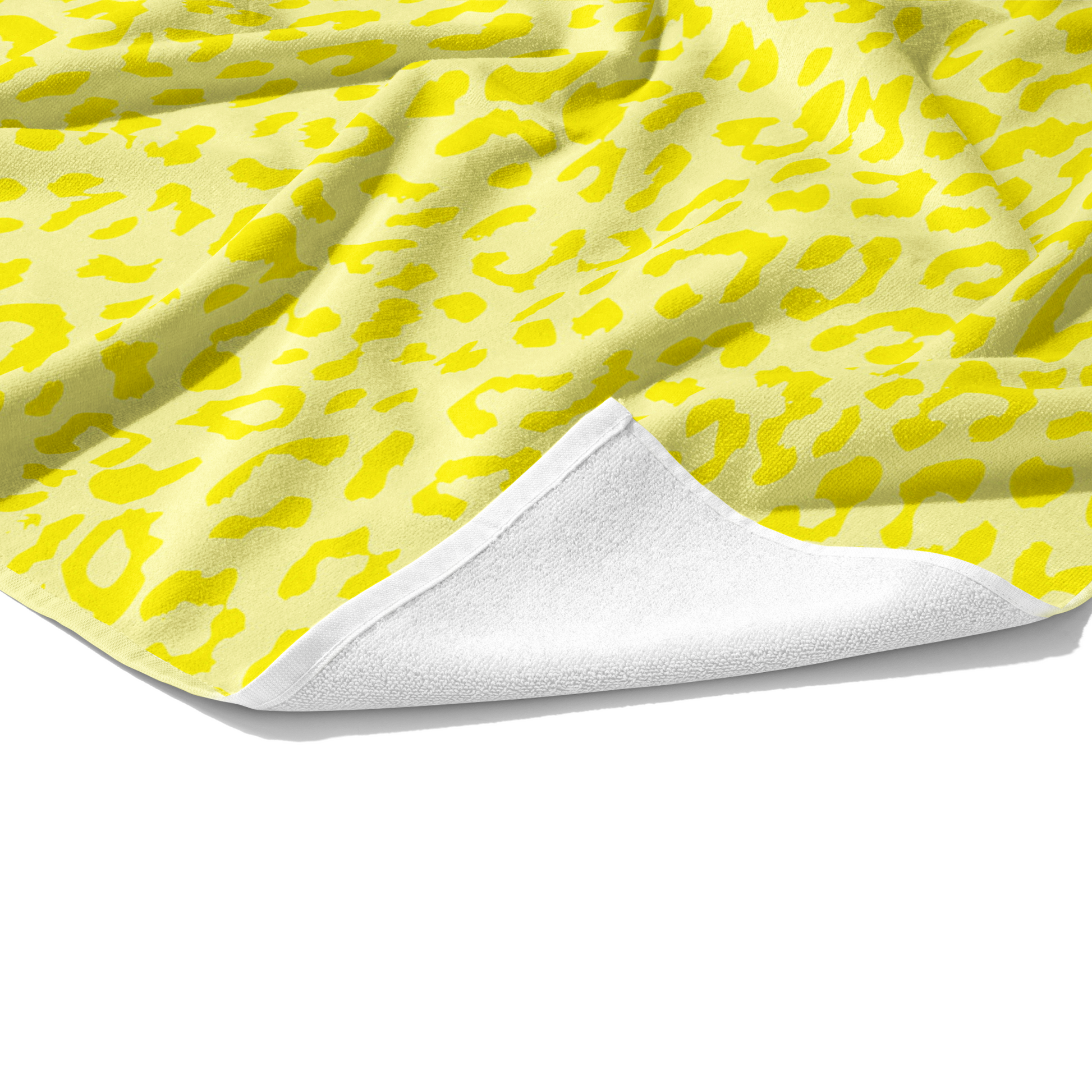 Plush white cotton towel with bright yellow and pastel yellow leopard animal print on the front. Custom Personalization