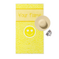 Beach towel in bright yellow leopard print with smiley face and customizable text.