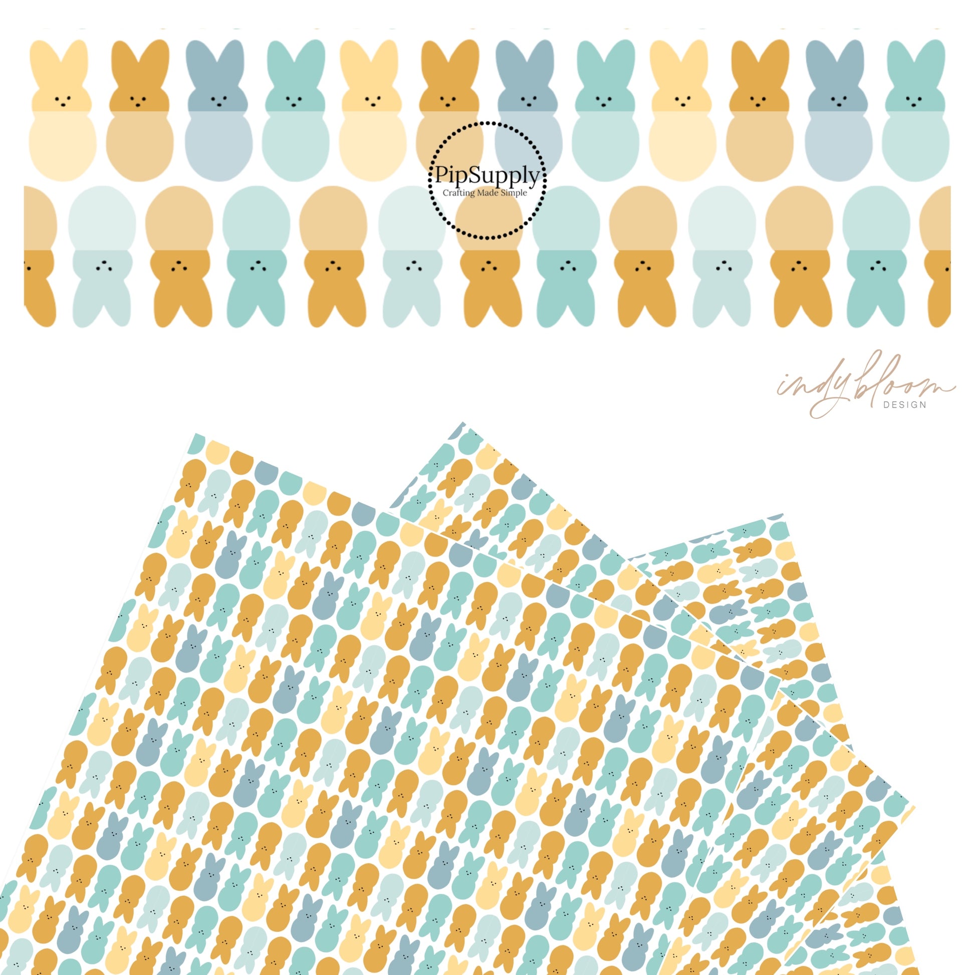 Yellow, blue, and brown bunnies in rows on white faux leather sheets