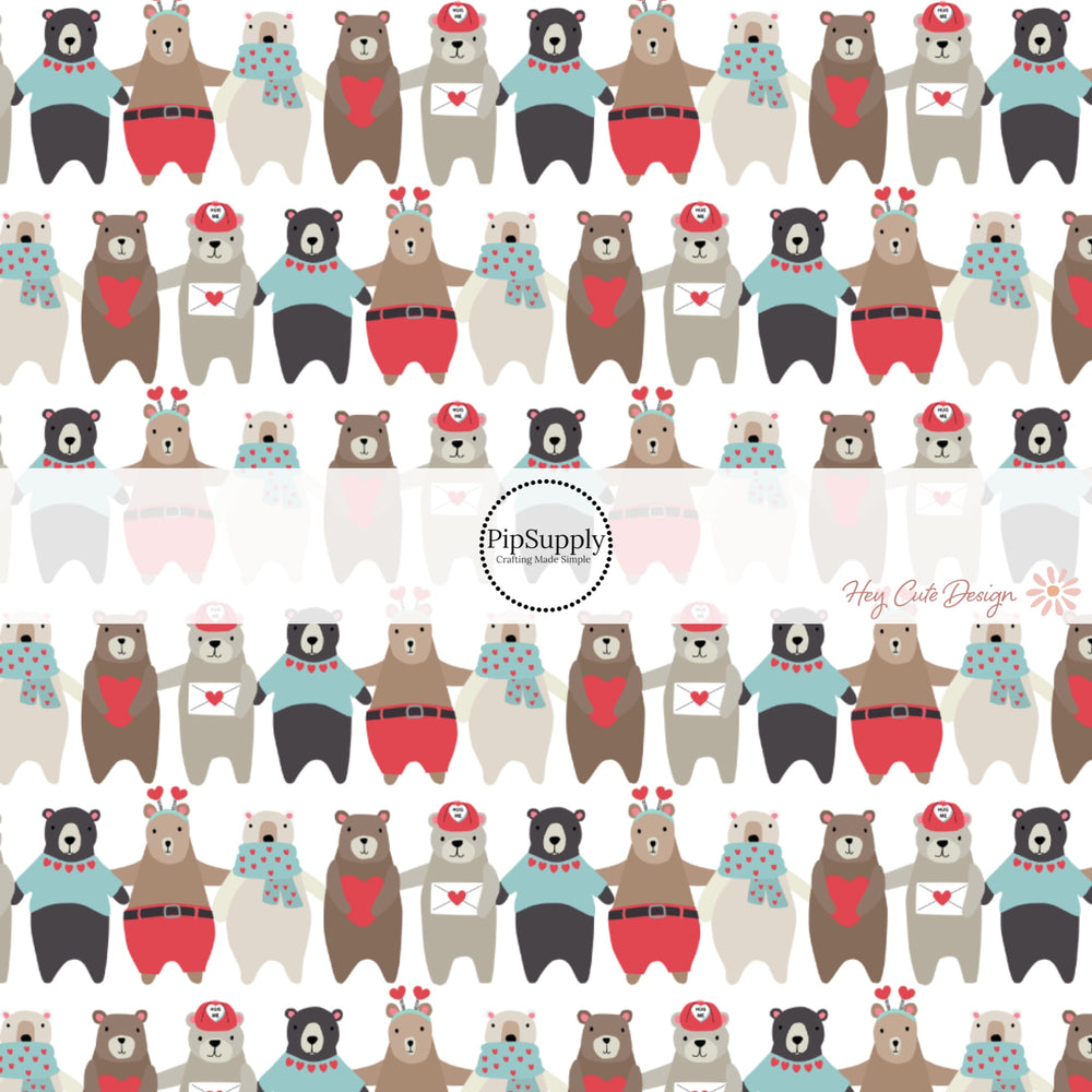 Black bear with blue sweater with red hearts, brown bear with red shorts and red heart headband, white bear with blue scarf, gray bear with heart mail, and brown bear holding a red heart in a line on white bow strips