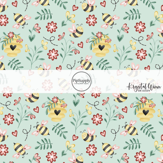 Aqua Fabric by the yard with bumblebees, hearts, and flowers