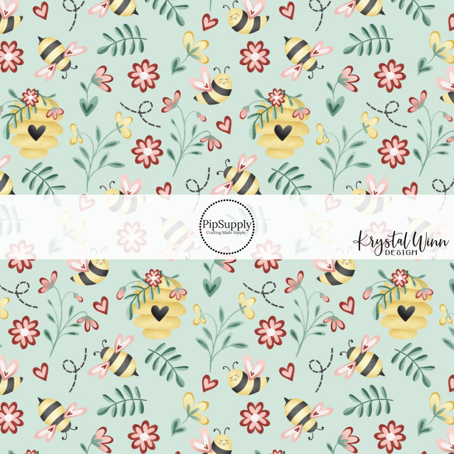 Aqua Fabric by the yard with bumblebees, hearts, and flowers