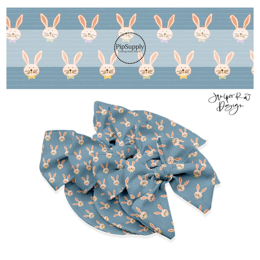 Brown bunnies with purple, green, and yellow bow ties on blue rugged stripe bow strips