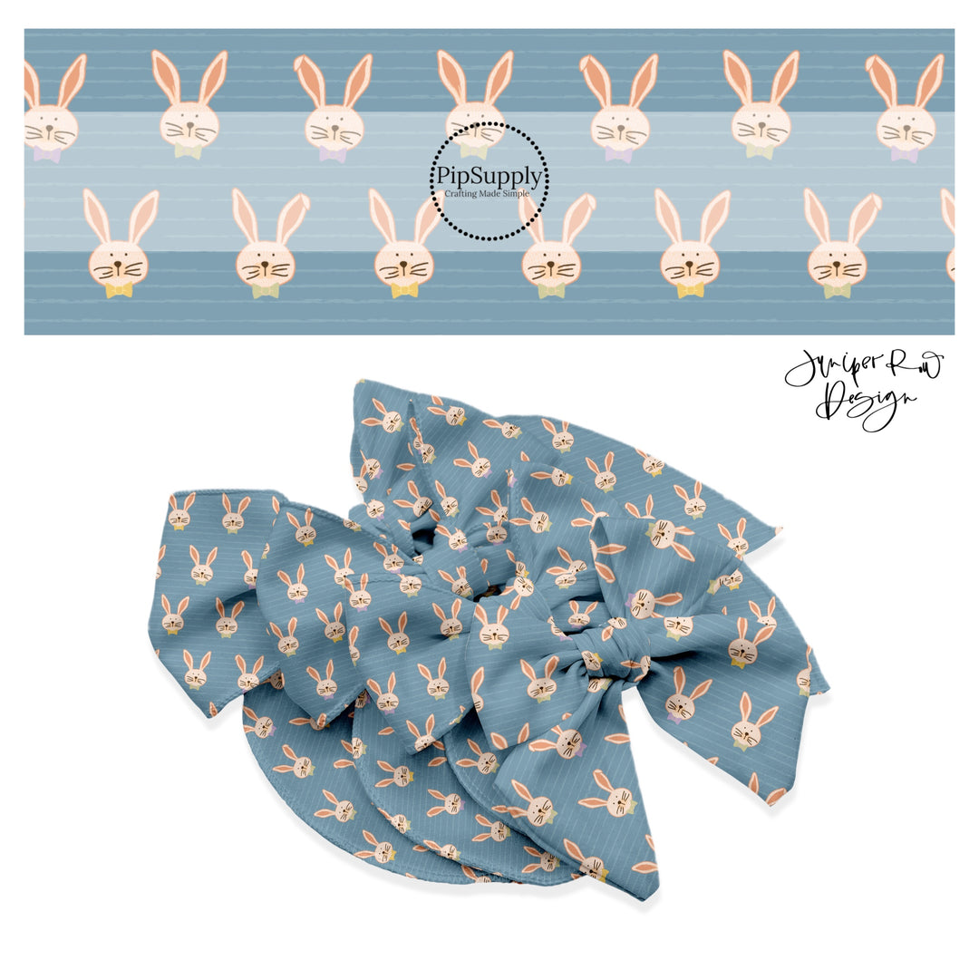 Brown bunnies with purple, green, and yellow bow ties on blue rugged stripe bow strips