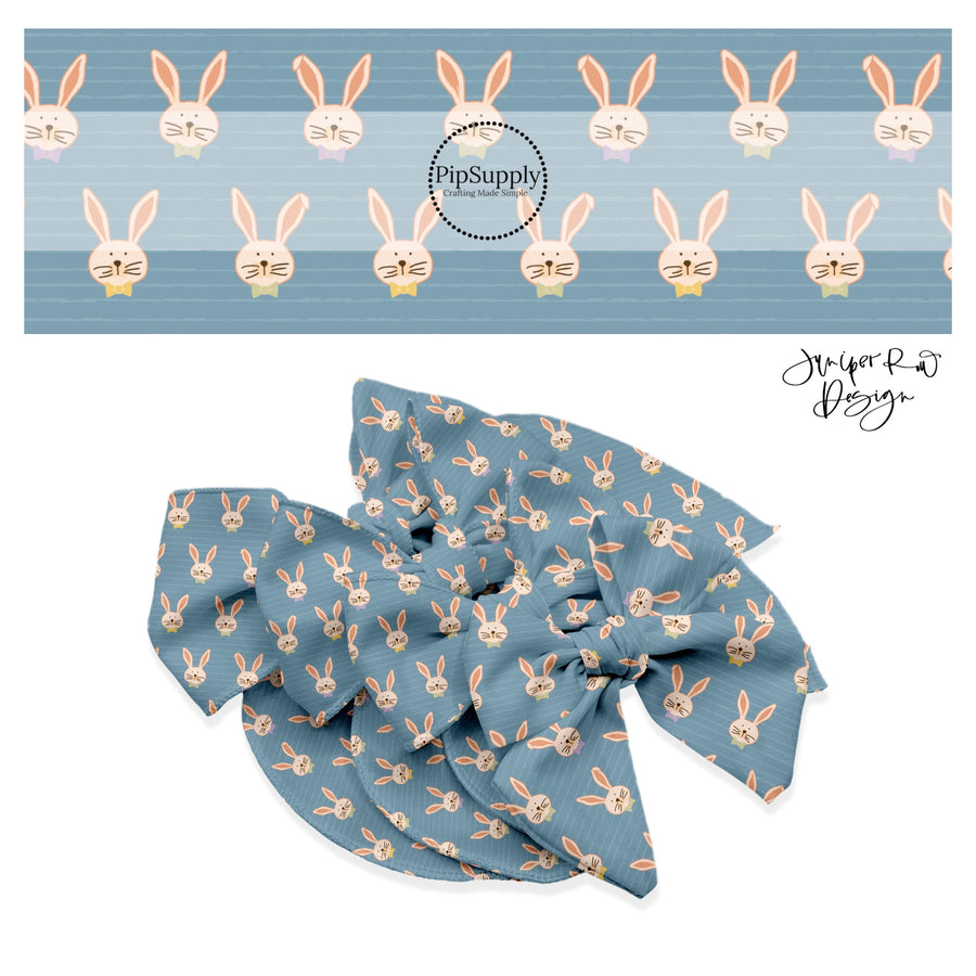 Brown bunnies with purple, green, and yellow bow ties on blue rugged stripe bow strips