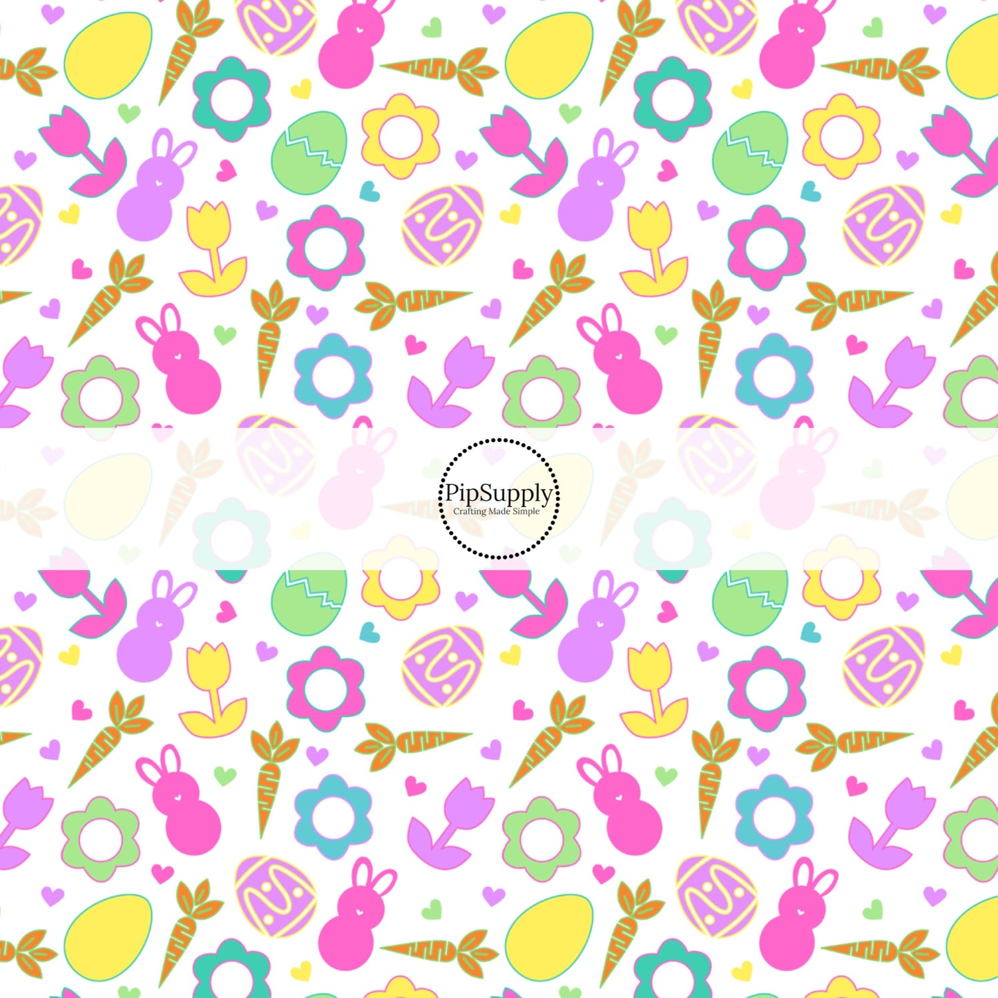 Green and turquoise flowers and pink and yellow tulips, with pink and purple bunnies. Orange carrots and green, yellow, and purple easter eggs on white bow strips