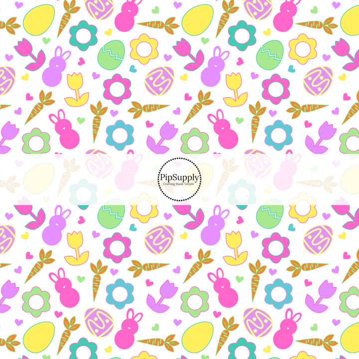 Green and turquoise flowers and pink and yellow tulips, with pink and purple bunnies. Orange carrots and green, yellow, and purple easter eggs on white bow strips