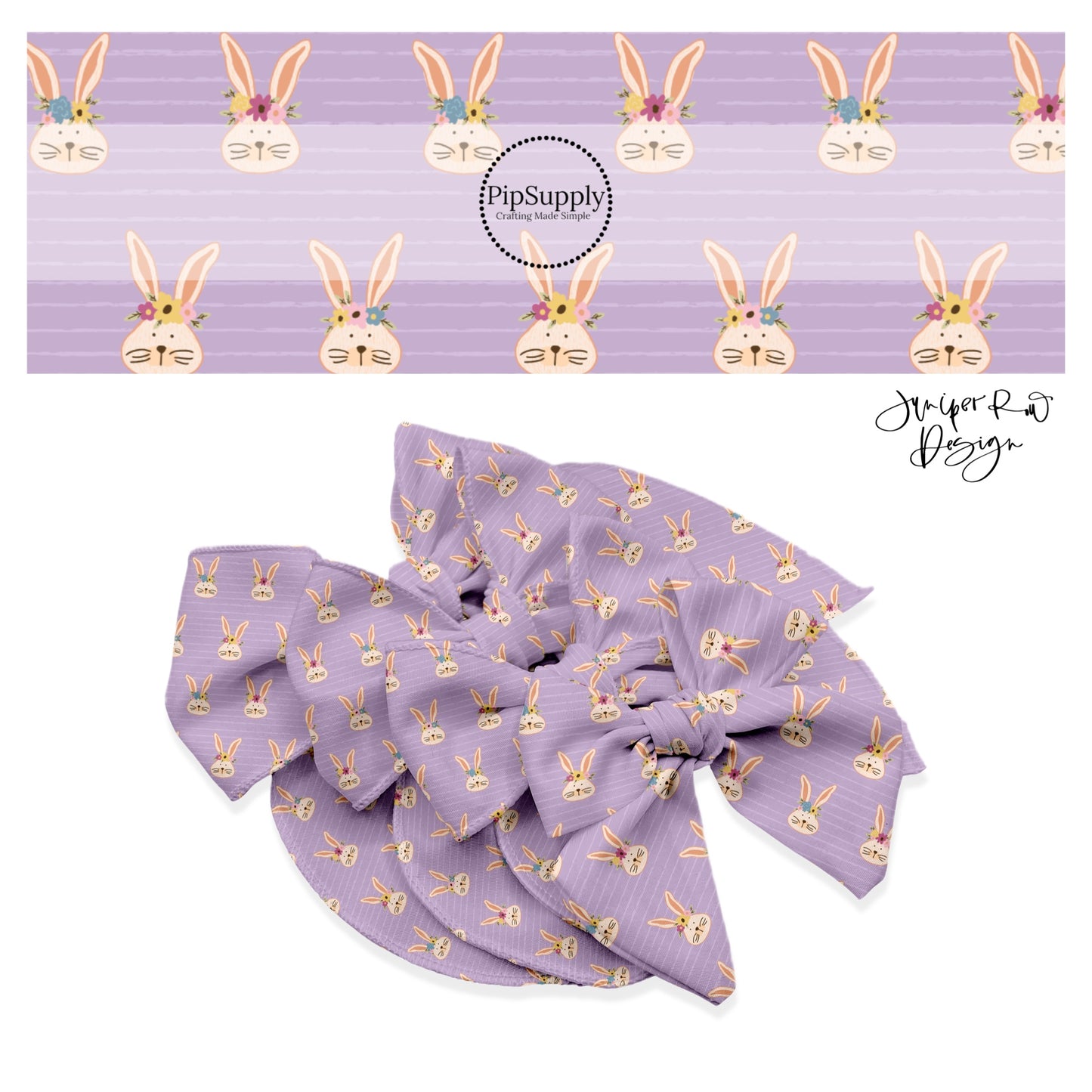 Brown bunnies with floral crowns on lavender stripe bow strips