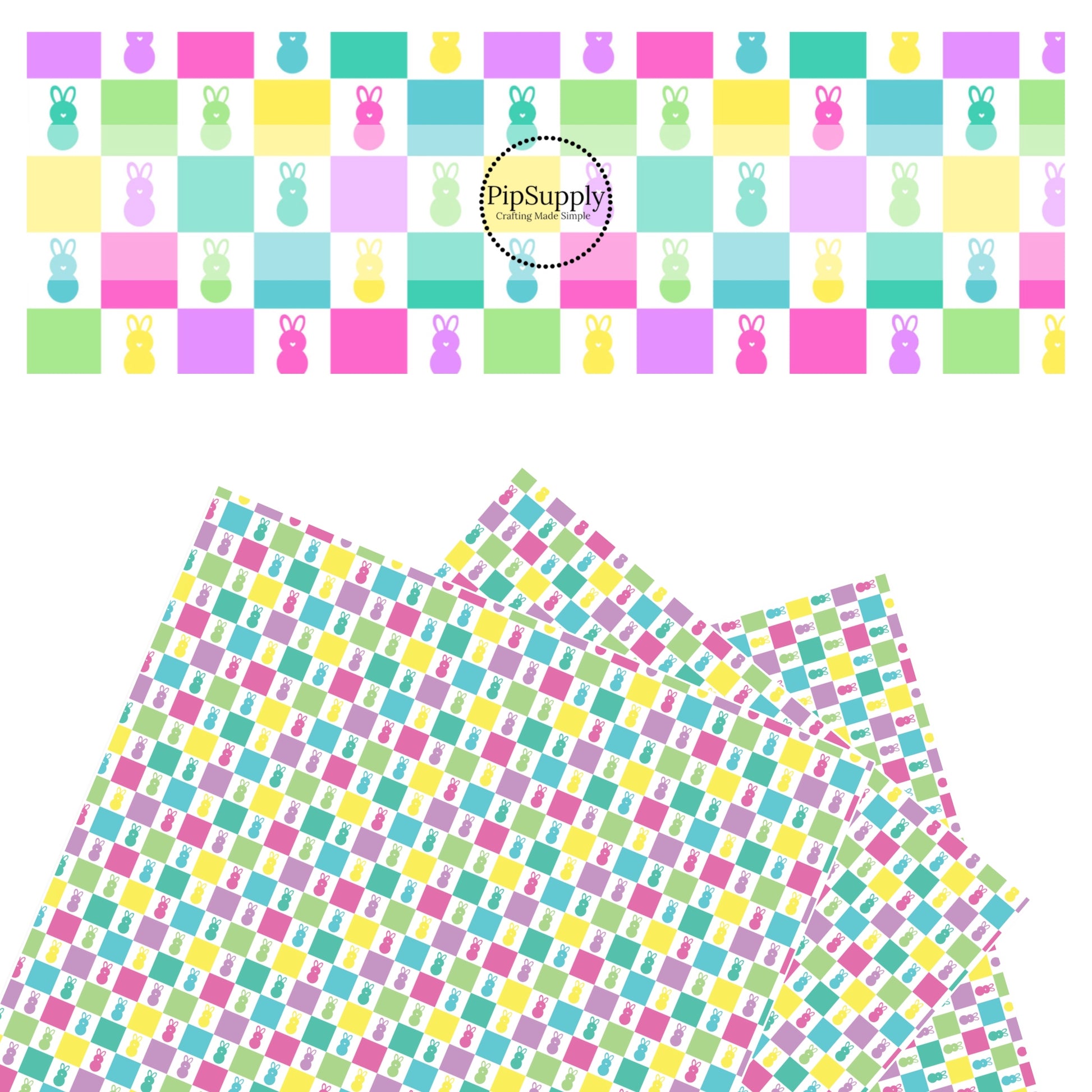 Hot pink, purple, yellow, turquoise, and green bunnies on coordinating checker faux leather sheets