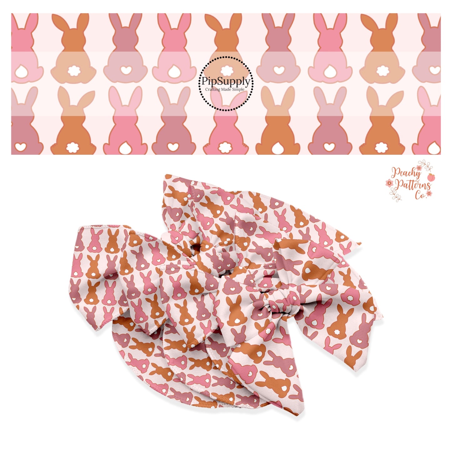 Mauve, pink, and rust bunnies with heart, teardrop, and fluffy bunny white tails on pink bow strips
