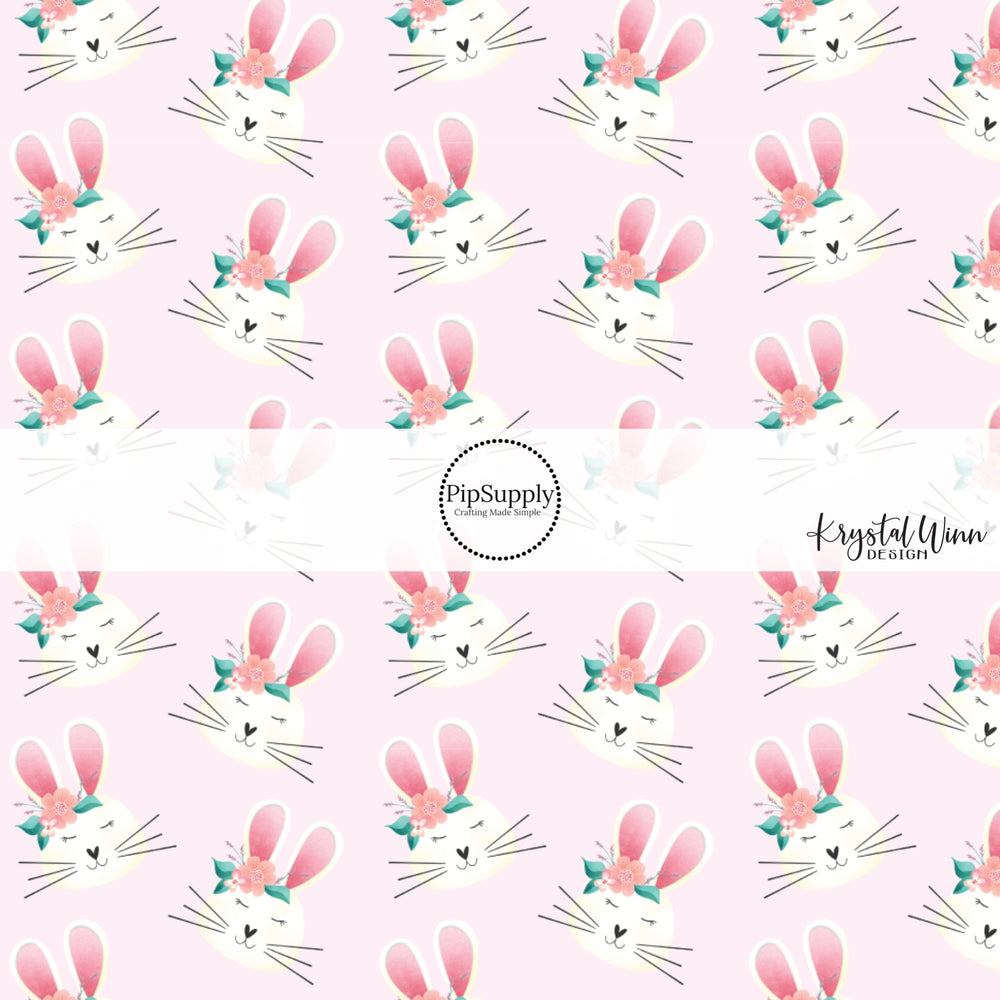 Floral bunny with black whiskers and pink ears on light pink bow strips