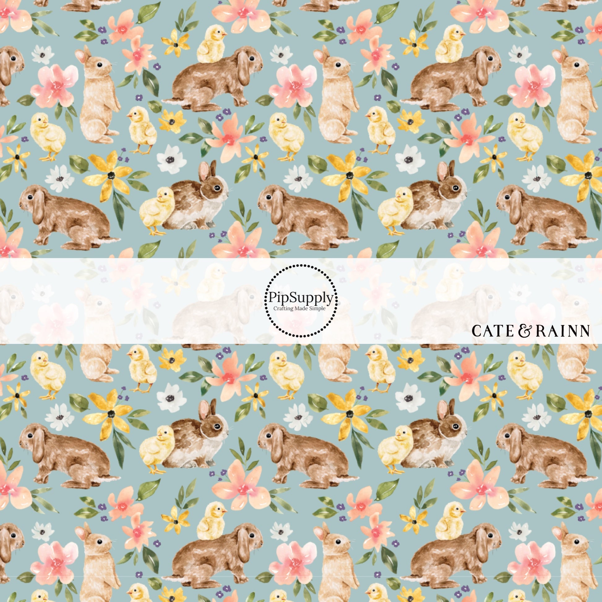 blue fabric by the yard with bunnies, baby chicks, and flowers - Easter Floral Fabric 