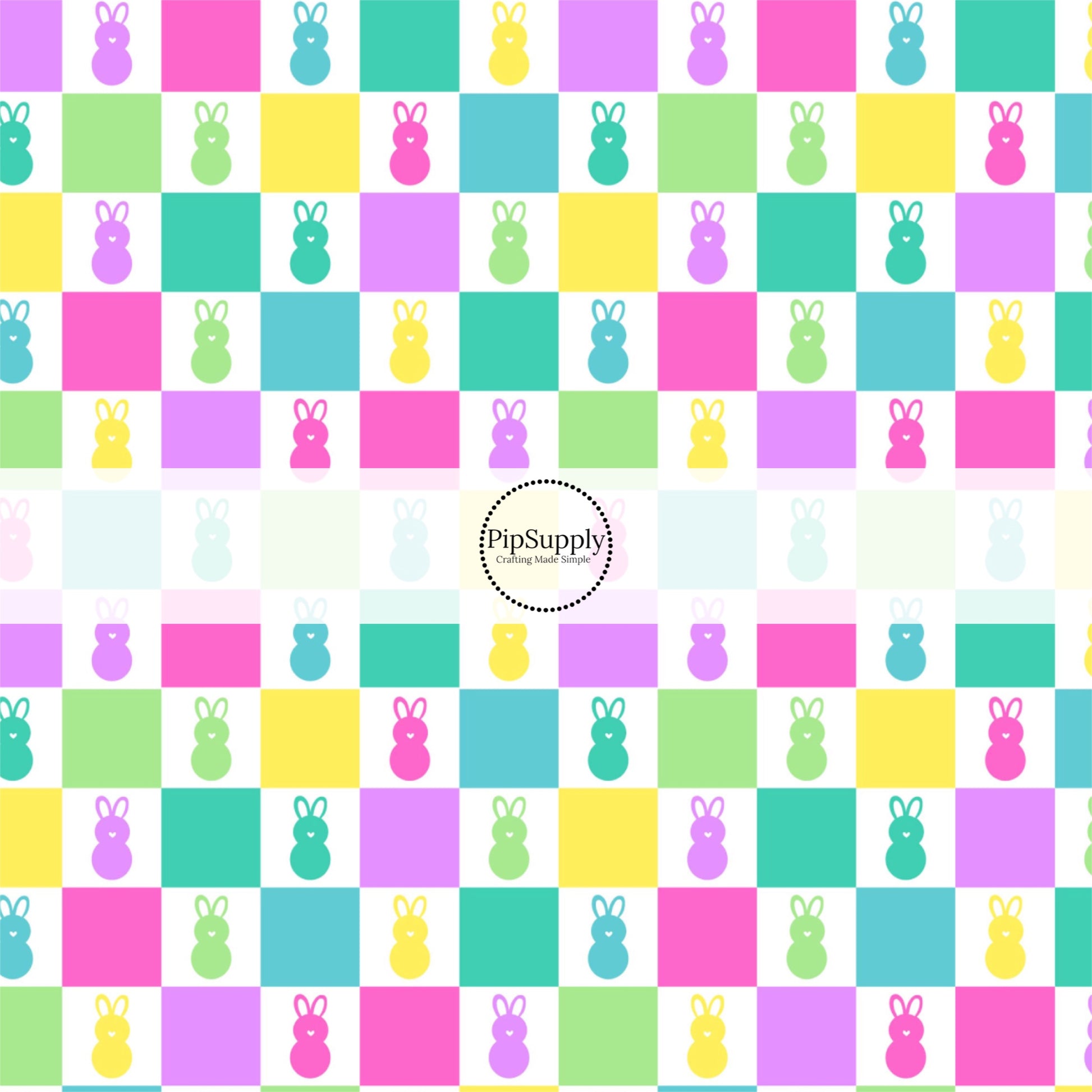 Bright yellow, purple, turquoise, pink, and purple checker with matching bunnies in between bow strips