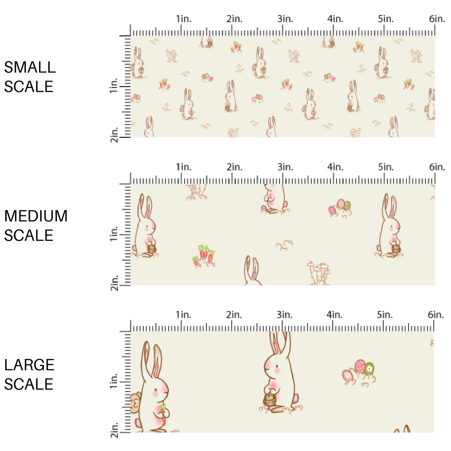 Cream fabric by the yard scaled image guide  with Easter Bunnies, Easter eggs, and carrots