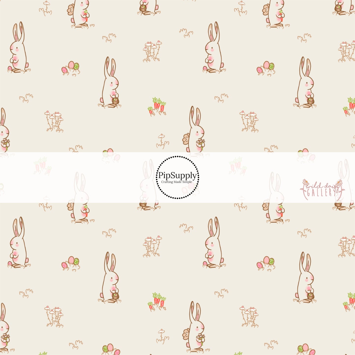 Cream fabric by the yard with Easter Bunnies, Easter eggs, and carrots