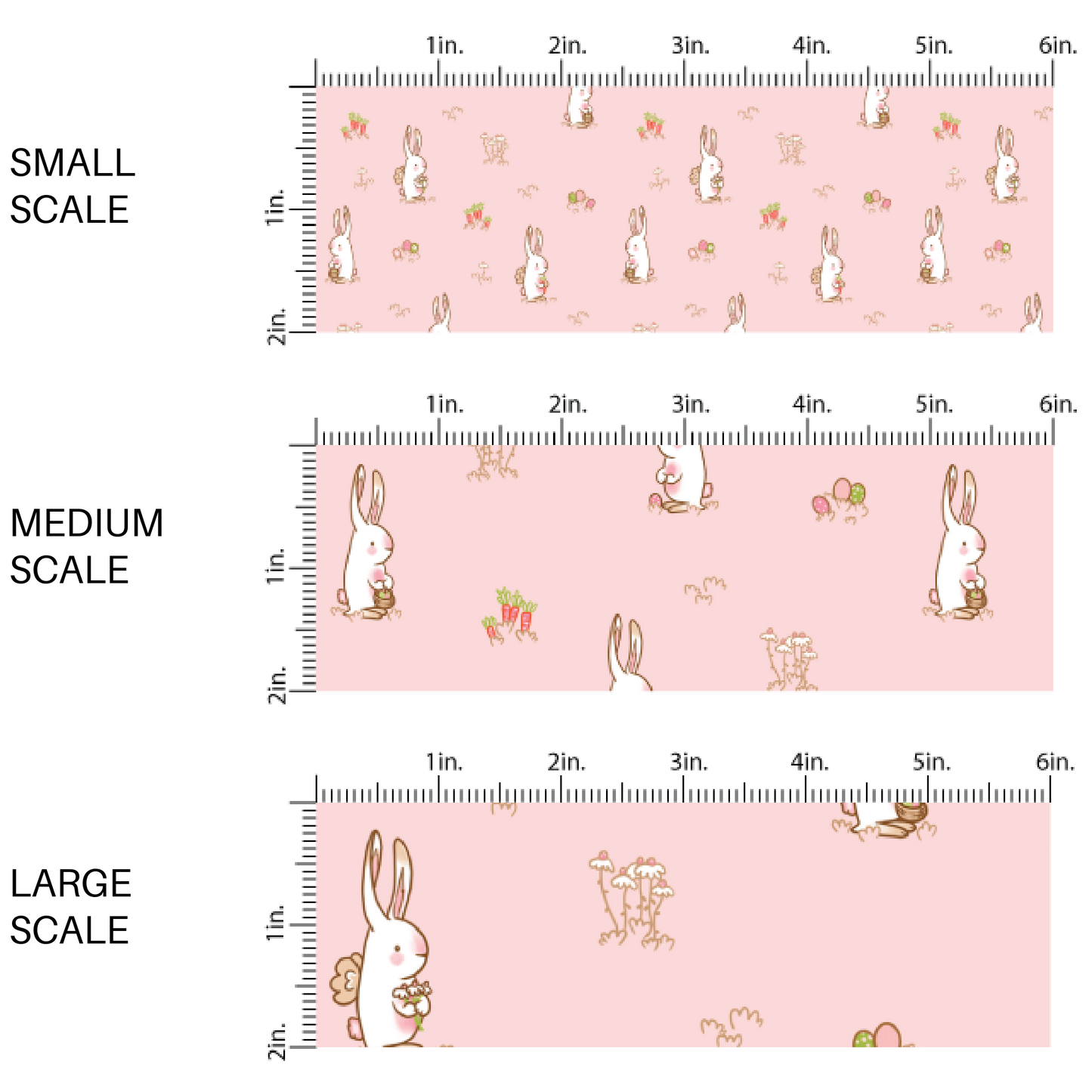 Light Pink fabric by the yard with Easter Bunnies, Easter eggs, and carrots scaled image guide