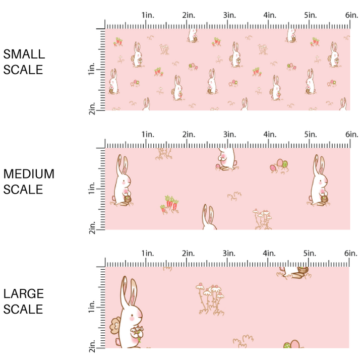 Light Pink fabric by the yard with Easter Bunnies, Easter eggs, and carrots scaled image guide